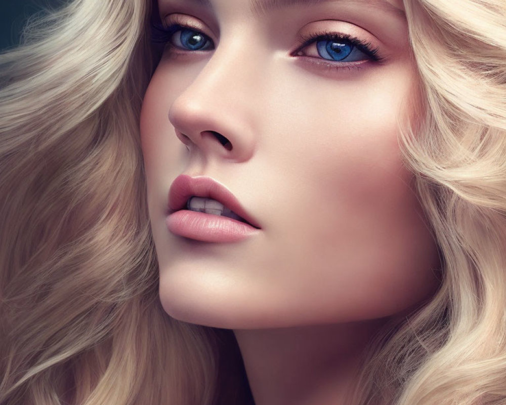 Blonde woman portrait with blue eyes and pink lips