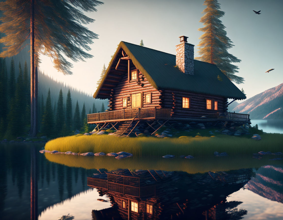 Tranquil wooden cabin by lake, pine trees, birds, sunset glow