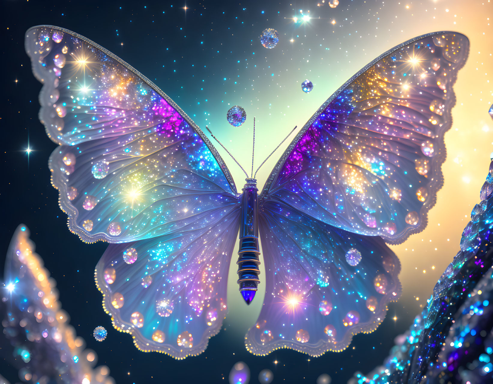 Iridescent Butterfly Against Night Sky with Stars