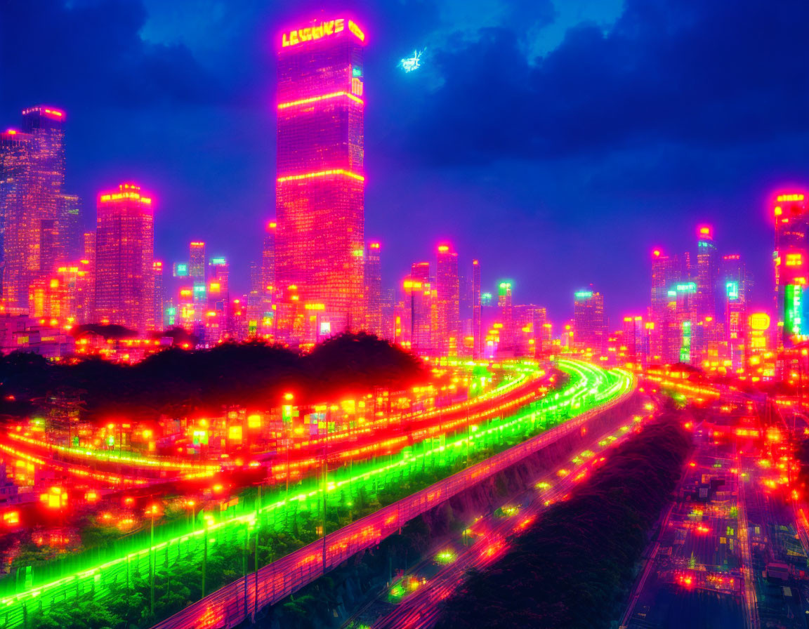 Twilight cityscape with neon-lit skyscrapers and bustling highway