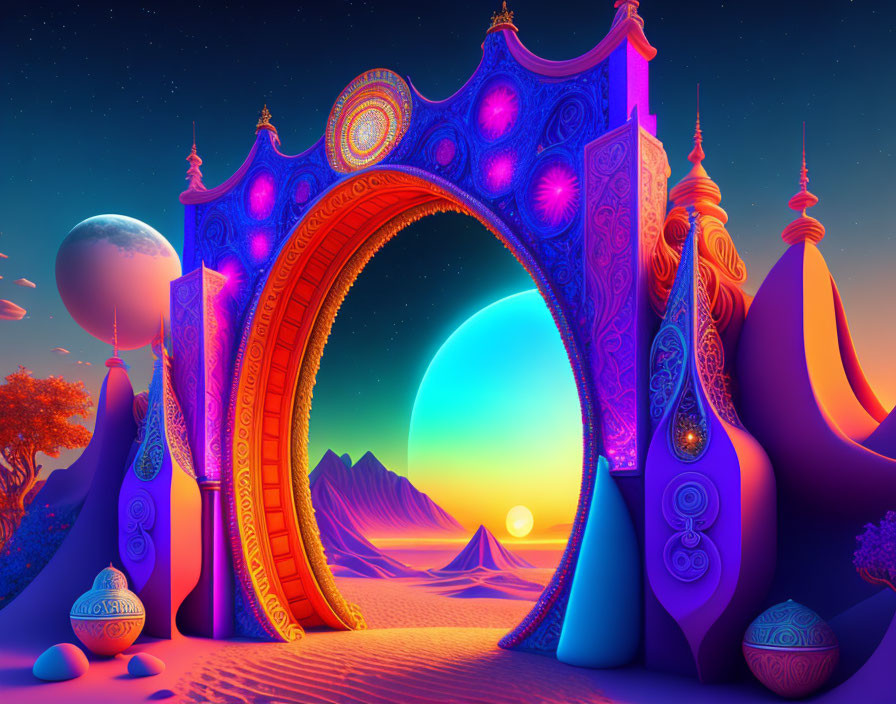 Stylized arch with intricate designs in desert landscape at sunset