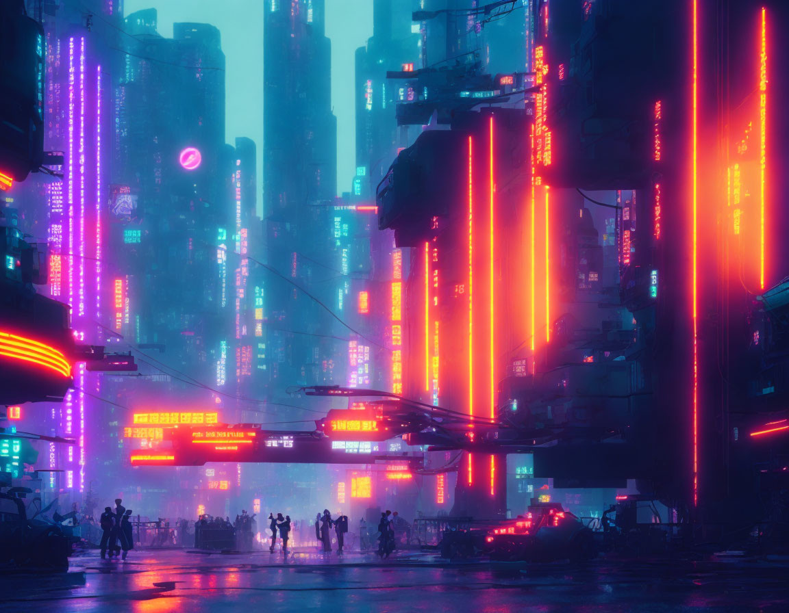 Futuristic neon-lit cityscape with skyscrapers and flying vehicle