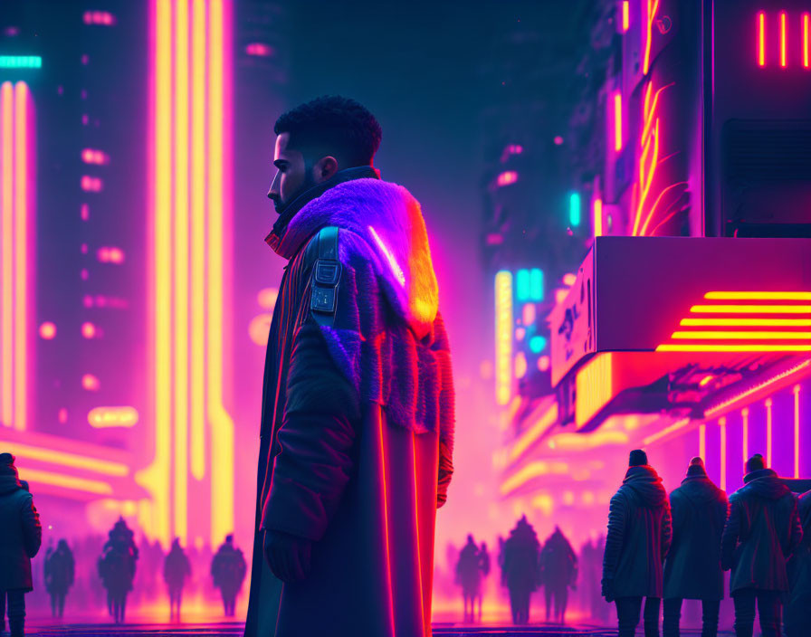 Futuristic city night scene with vibrant neon lights and crowd.