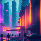 Futuristic neon-lit cityscape with skyscrapers and flying vehicle