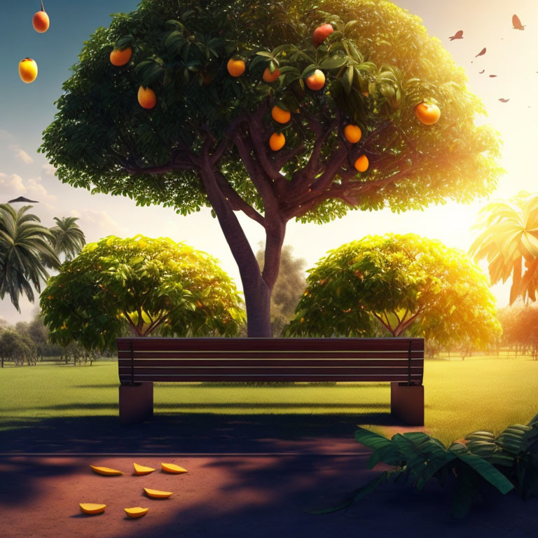 Tranquil park scene: wooden bench, fruit tree, ripe fruits, lush grass at sunset.