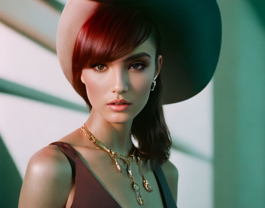 Elegant woman with bob haircut and wide-brimmed hat poses confidently.