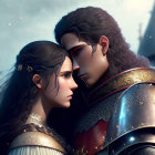 Male and female animated characters in medieval armor share tender moment on battlefield