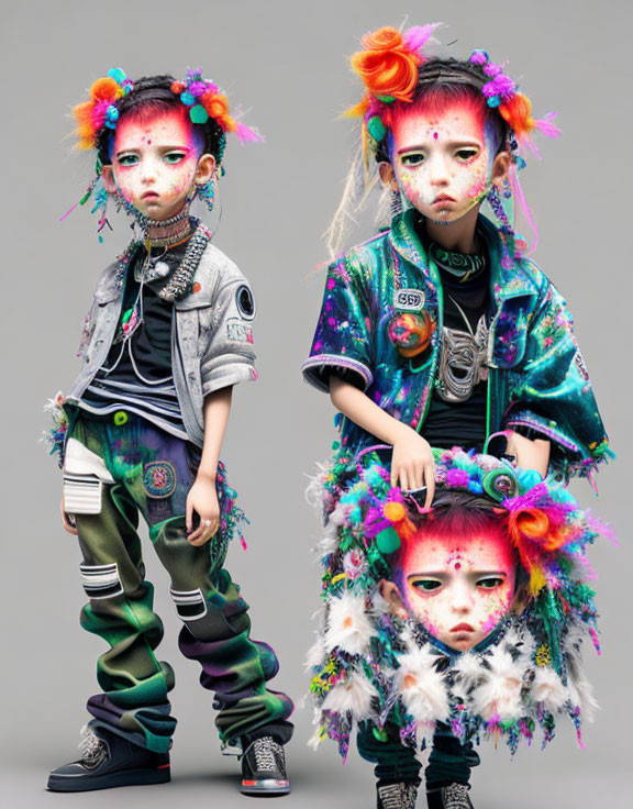 Vibrant punk fashion kids with colorful makeup and edgy hair pose on grey backdrop