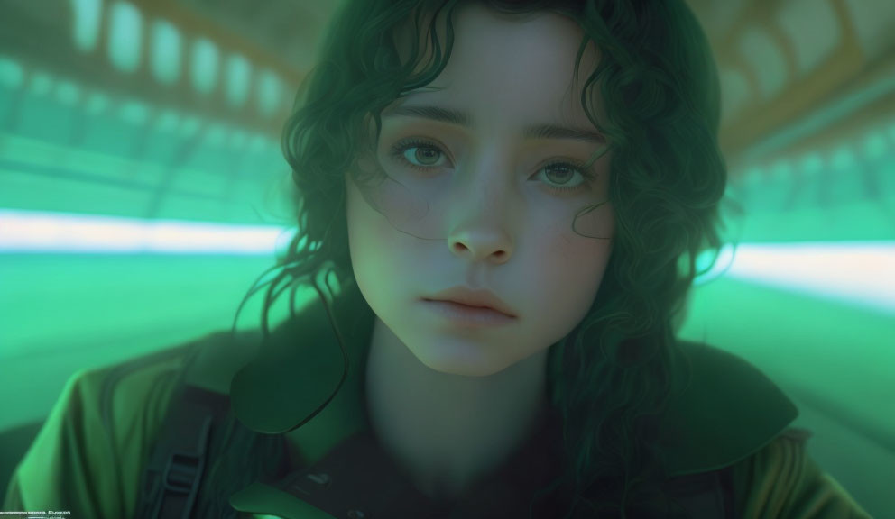 Curly Haired Girl with Blue Eyes in Futuristic Digital Portrait