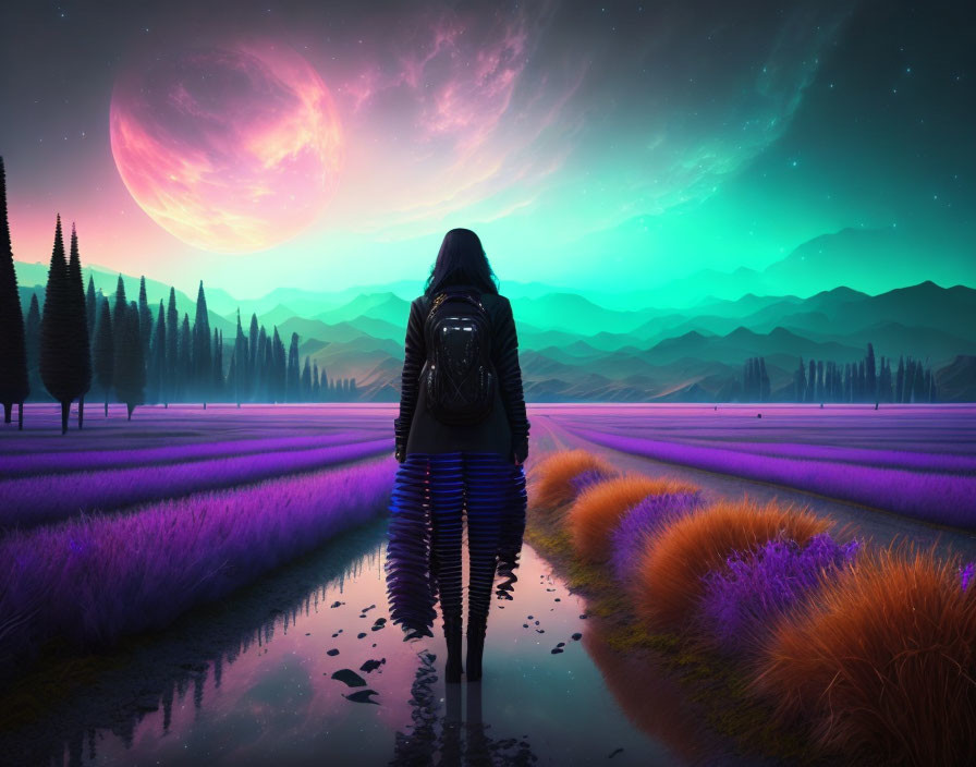 Person in Lavender Field at Dusk with Pink Planet and Stars