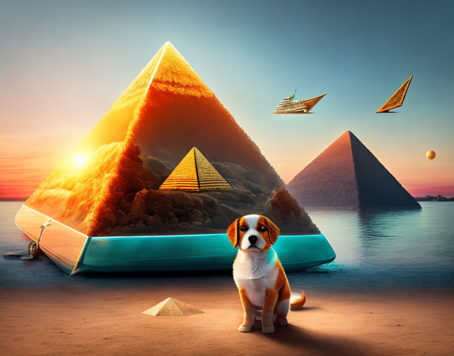 Puppy by floating pyramids at sunset with ships in the sky