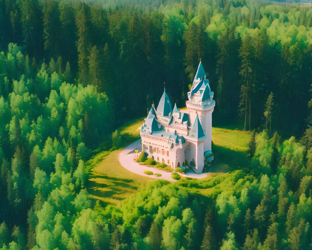 Castle with Blue Roofs in Forest Clearing under Sunlight