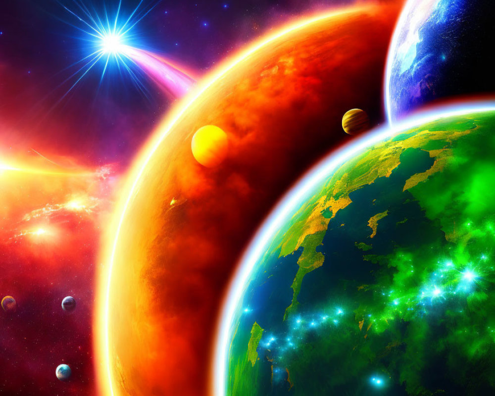 Colorful space scene with Earth and celestial bodies under bright star