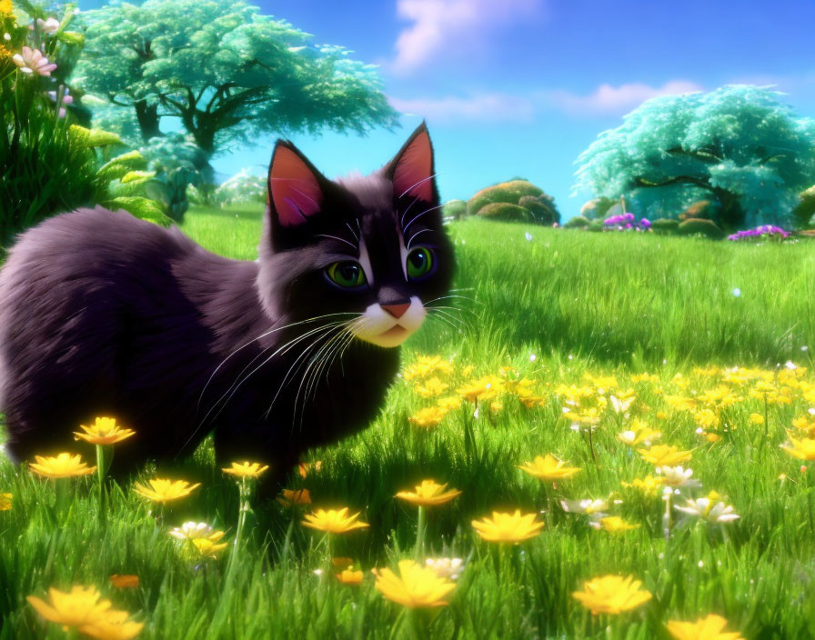 Fluffy Black and White Cat in Vibrant Field with Yellow Flowers