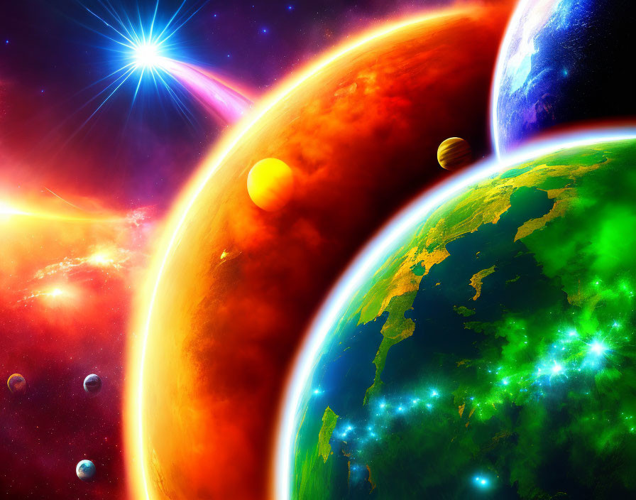 Colorful space scene with Earth and celestial bodies under bright star