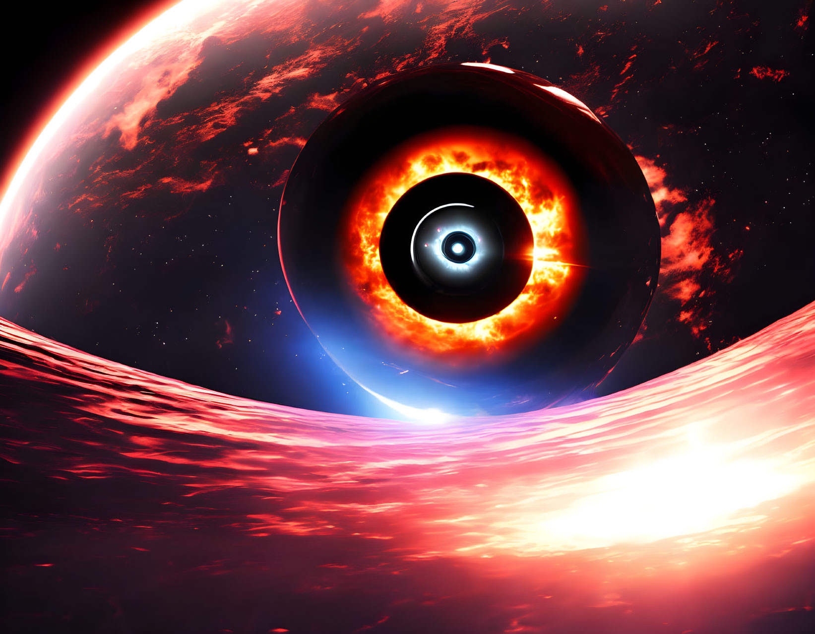 Surreal cosmic scene with fiery planet and giant eye structure
