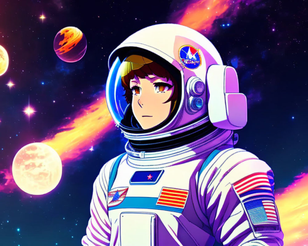 Illustrated astronaut with reflective visor in vibrant space scene.