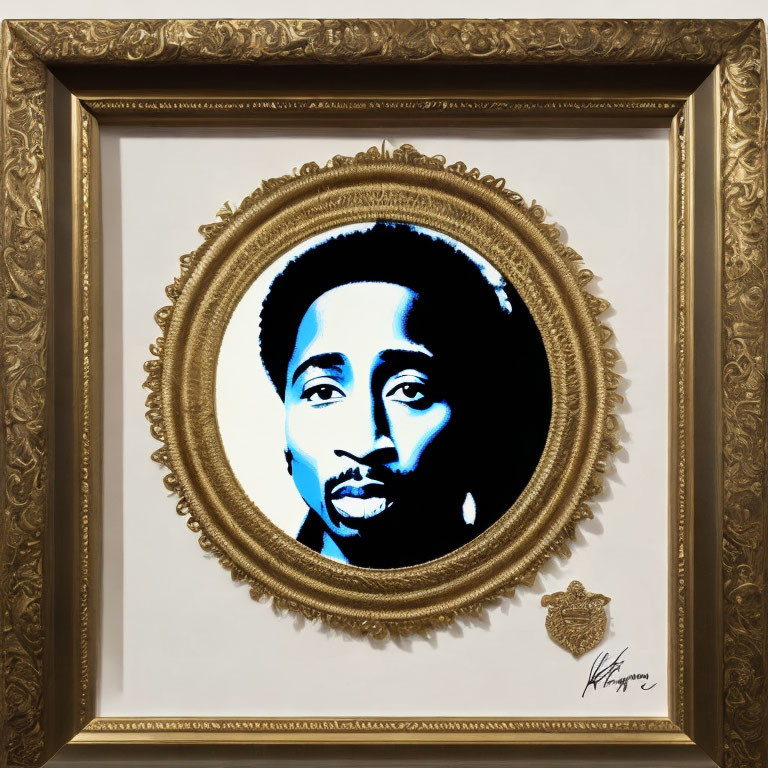 Black and white portrait in ornate gold frame within square frame