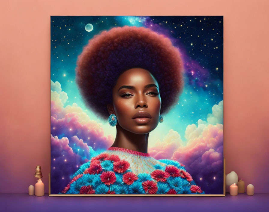 Digital art of woman with afro in cosmic scene with surreal sky and candles