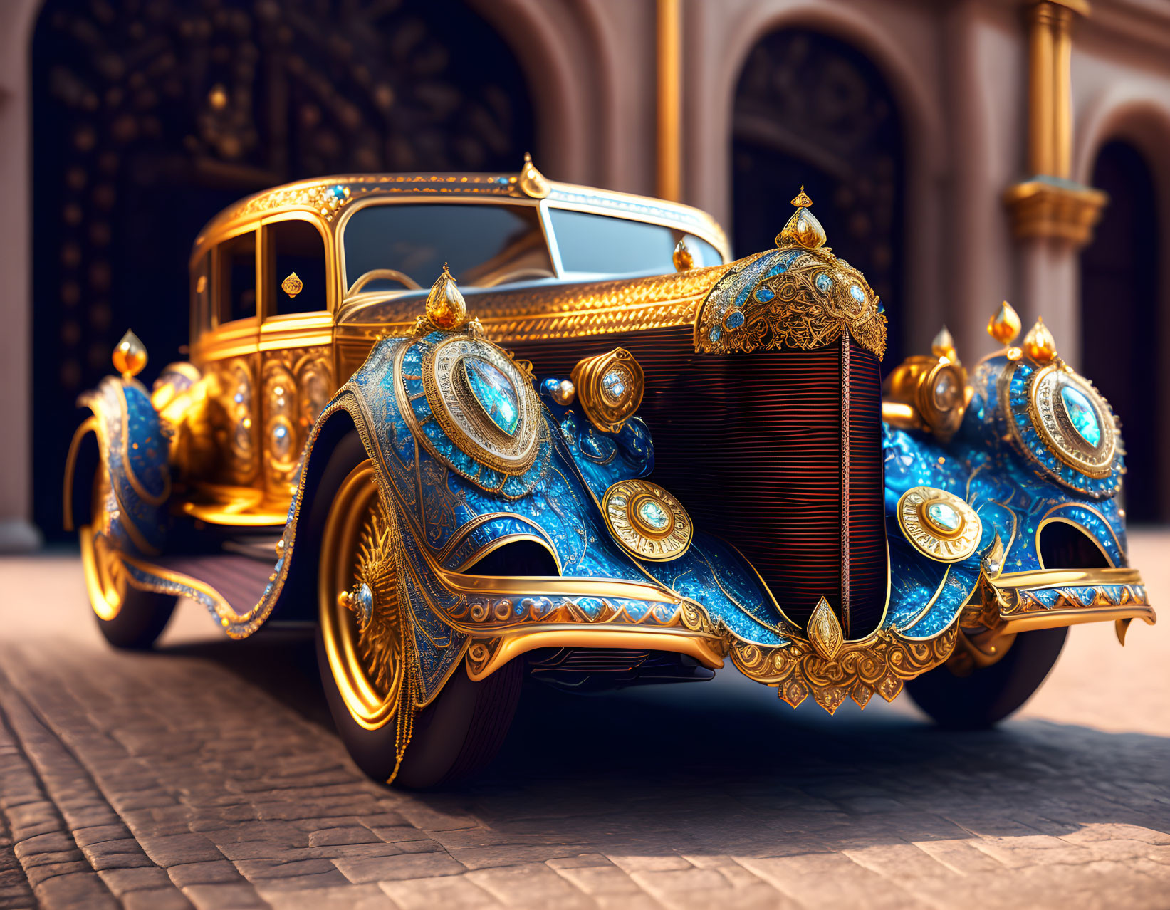 Luxurious Vintage Car with Golden and Blue Designs