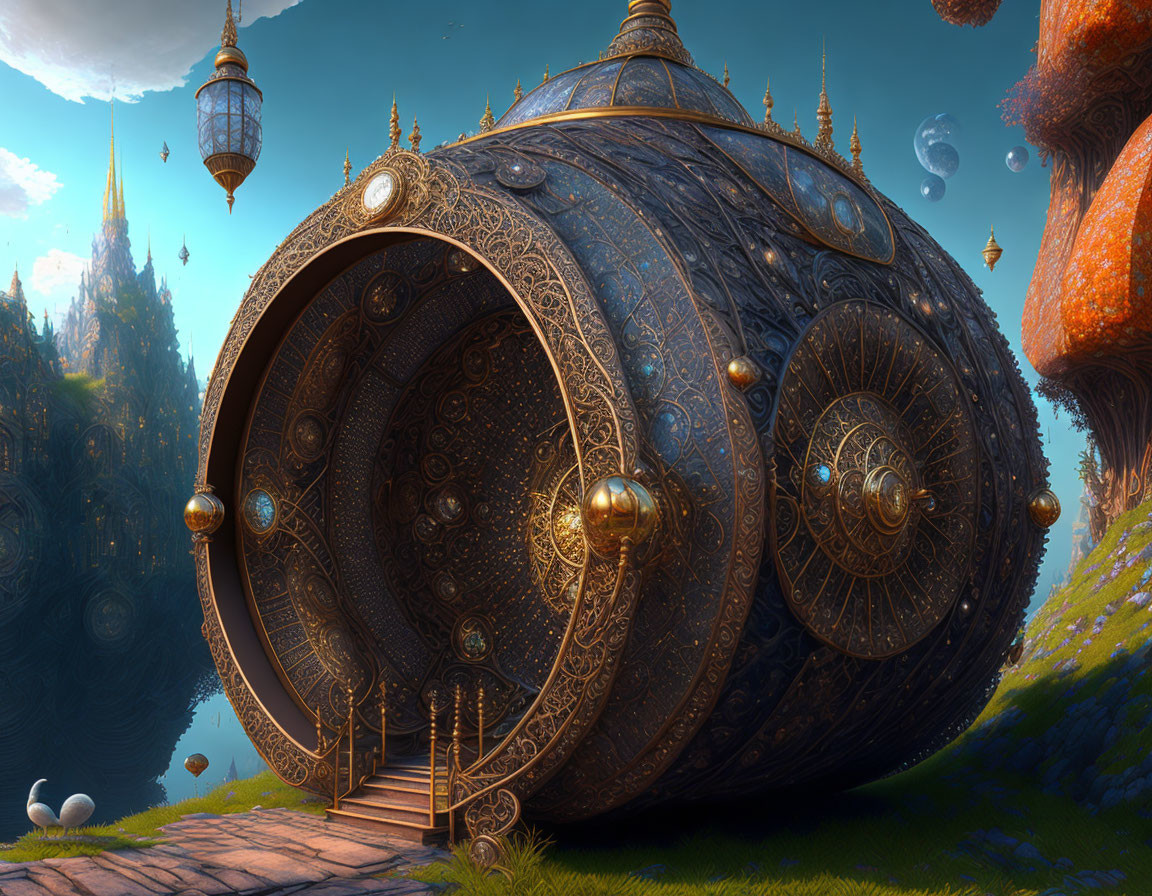 Ornate circular dwelling in fantasy landscape with floating islands