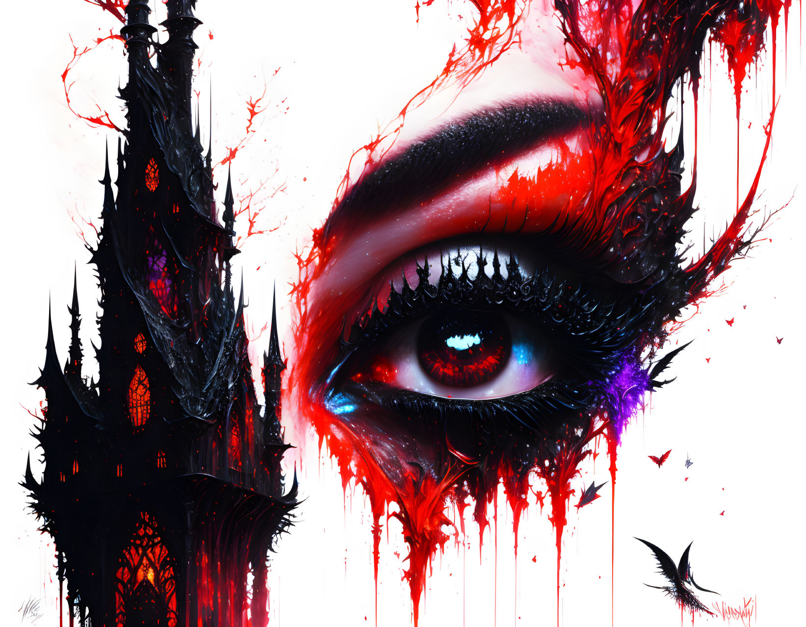 Surreal artwork: hyper-realistic eye with red and black colors, gothic castle, birds