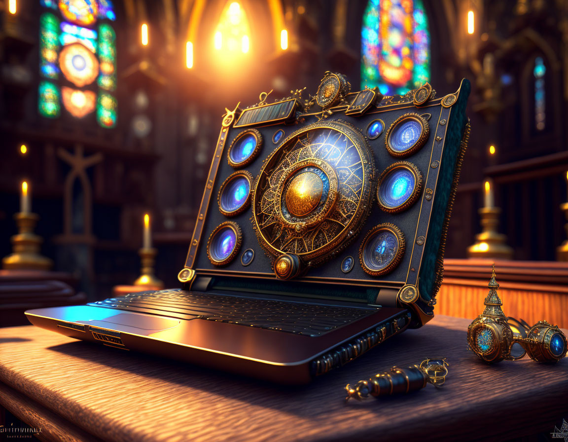 Clockwork-themed laptop with gemstones in Gothic church setting