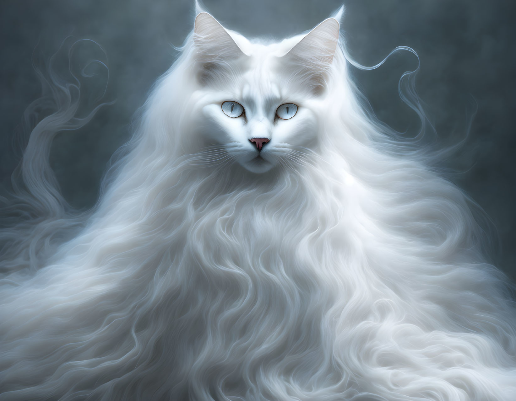 White Long-Haired Cat with Blue Eyes on Blue Background