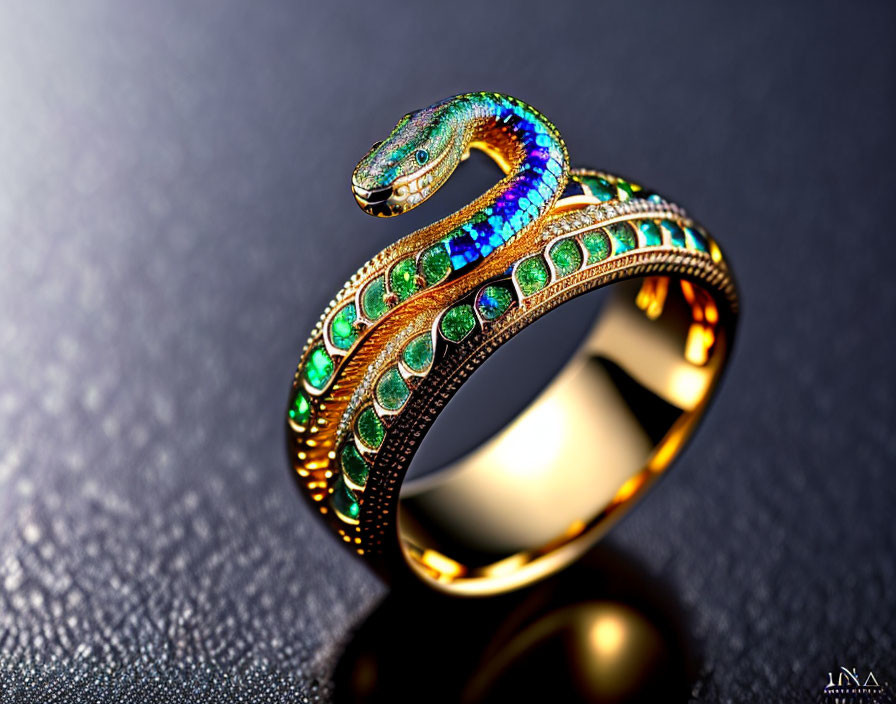 Luxurious Snake-Shaped Ring with Emeralds and Sapphires on Reflective Black Surface