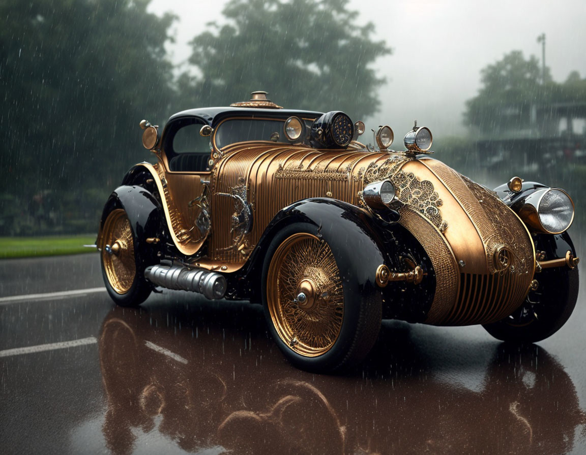 Vintage Car with Golden Details Parked in Rainy Street