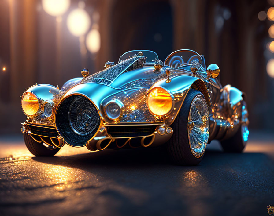 Fantasy-themed ornate vehicle with glowing elements in atmospheric background