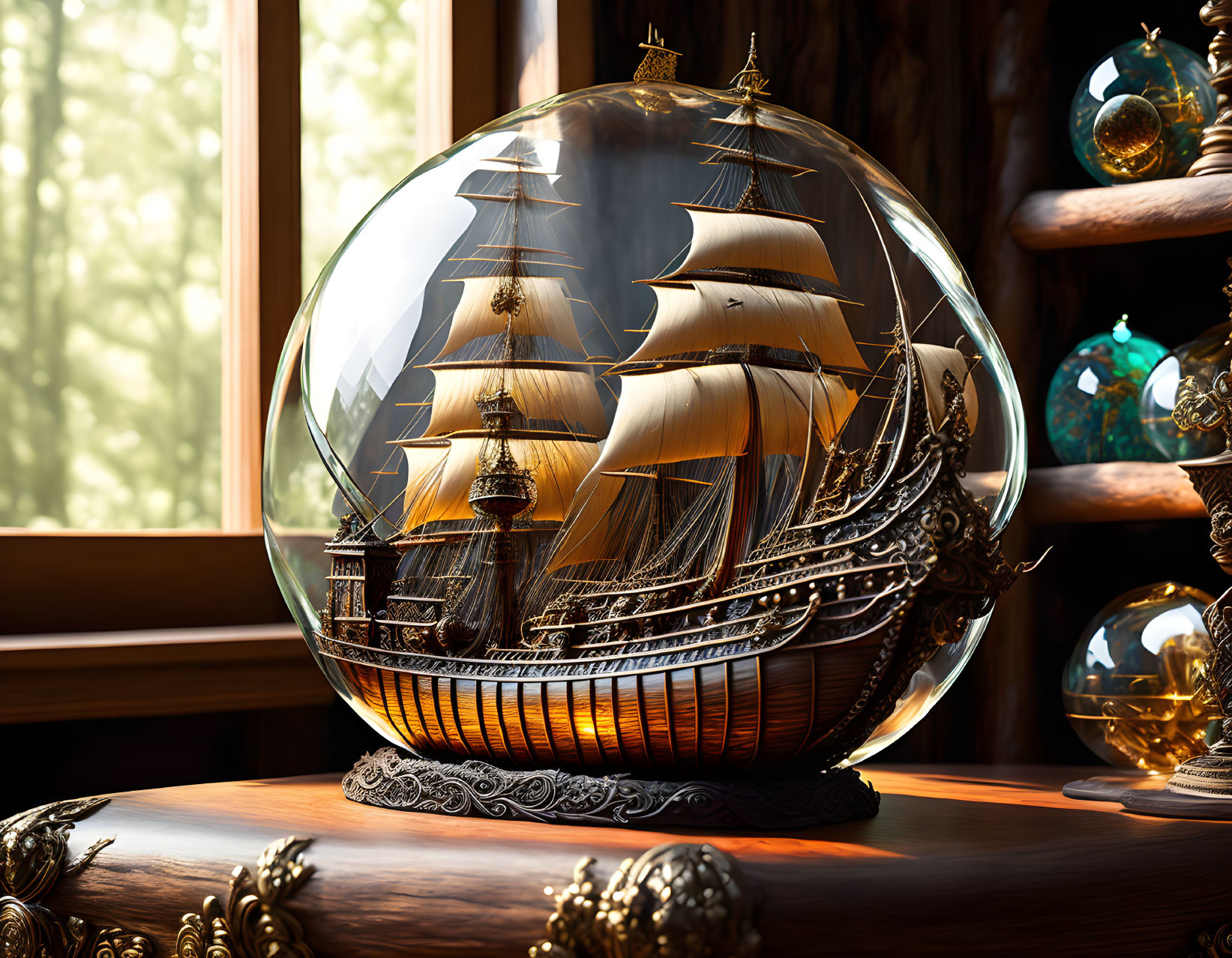 Model ship in glass globe on wooden base by sunlit window