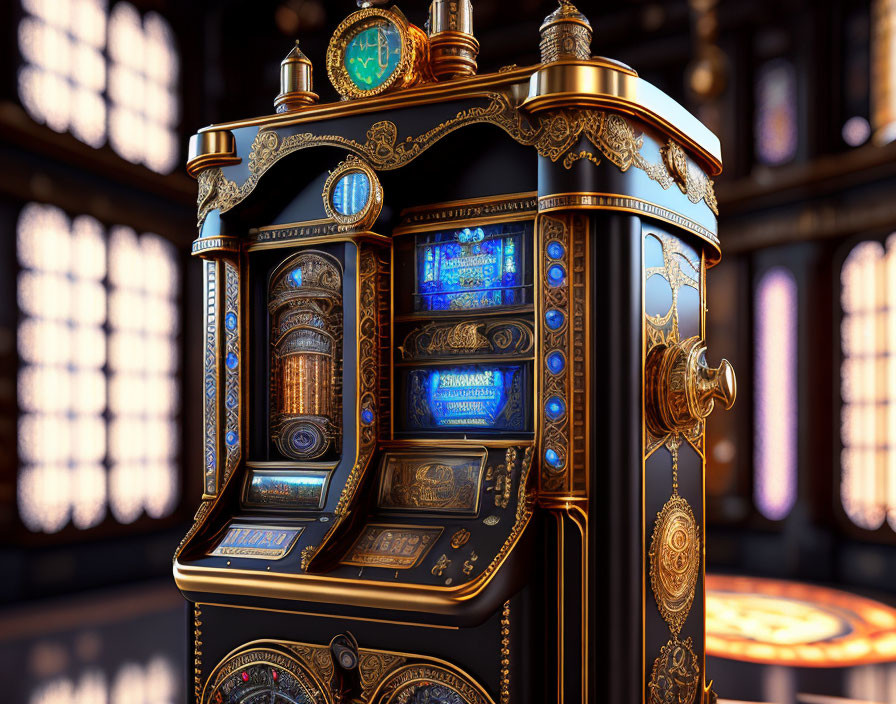 Vintage-Style Slot Machine with Gold Detailing in Dark Room