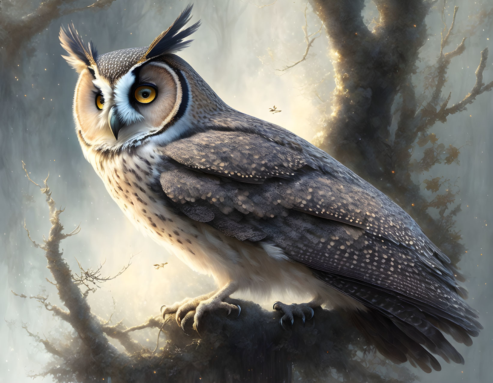 Detailed Owl Illustration on Branch in Misty Forest