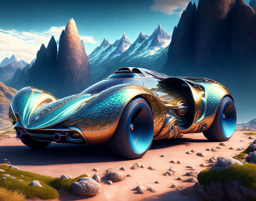 Futuristic car with blue and gold patterns in dramatic landscape