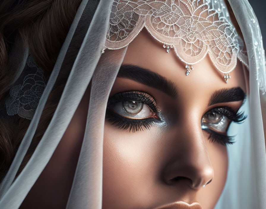 Detailed Blue Eye Makeup and Lace Veil Close-Up