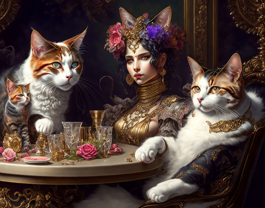 Woman with Cat-Like Features Surrounded by Realistic Cats in Ornate Setting