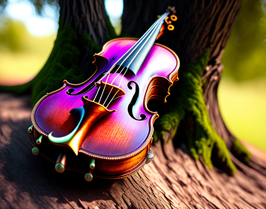 Colorful violin against tree trunk in lush greenery