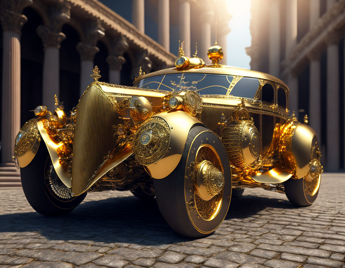 Vintage Golden Car Parked on Cobblestone Street Amid Classical Buildings