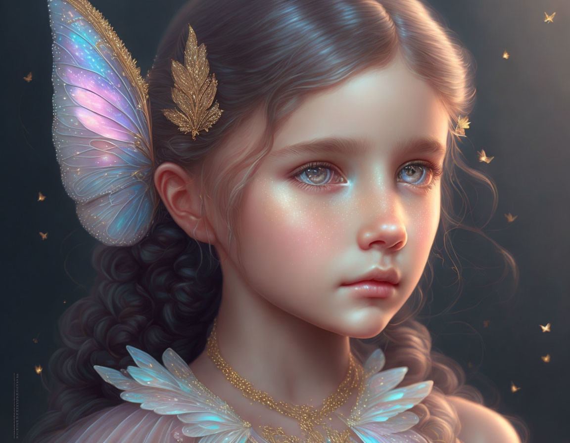 Digital Painting: Young Girl with Butterfly Wings and Golden Accessories