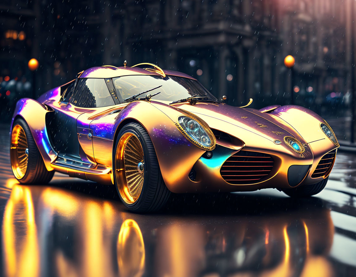 Sleek iridescent sports car on wet urban street at dusk