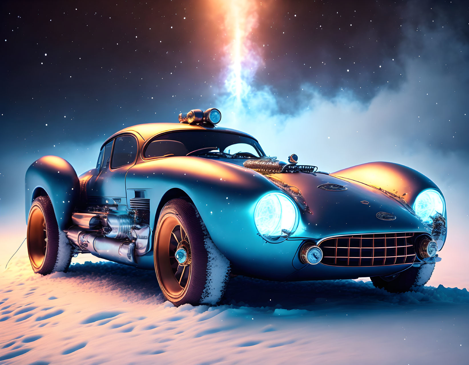 Futuristic elongated car with large wheels on snowy terrain under starry sky.