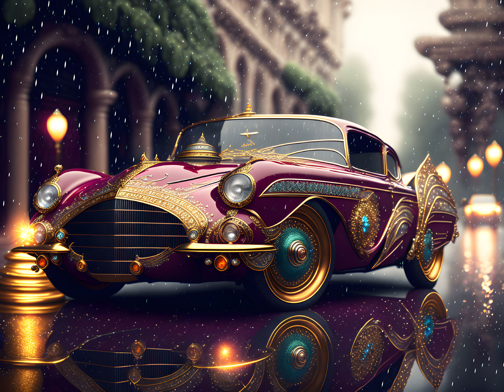 Vintage Car with Golden Accents and Jewel Embellishments in Rainy City Scene