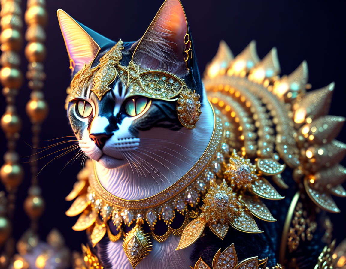 Regal cat with golden jewelry on dark background