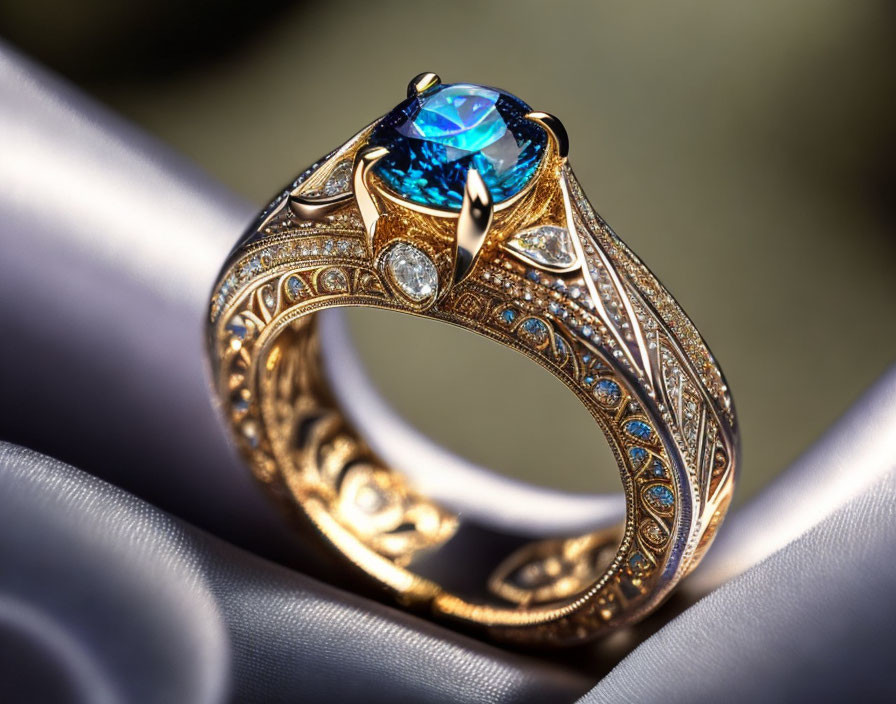 Gold ring with large blue gemstone & diamonds on silky background