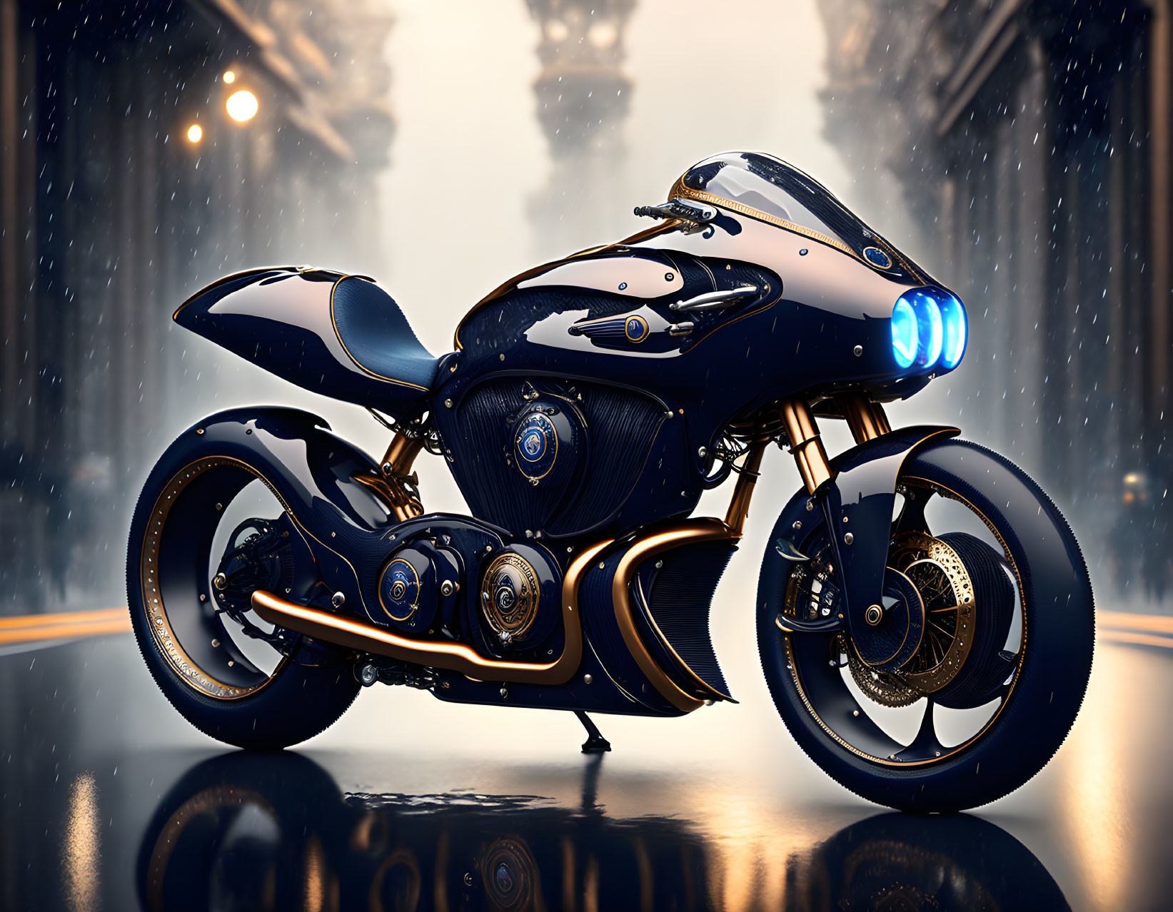 Sleek futuristic motorcycle with blue lighting on reflective surface