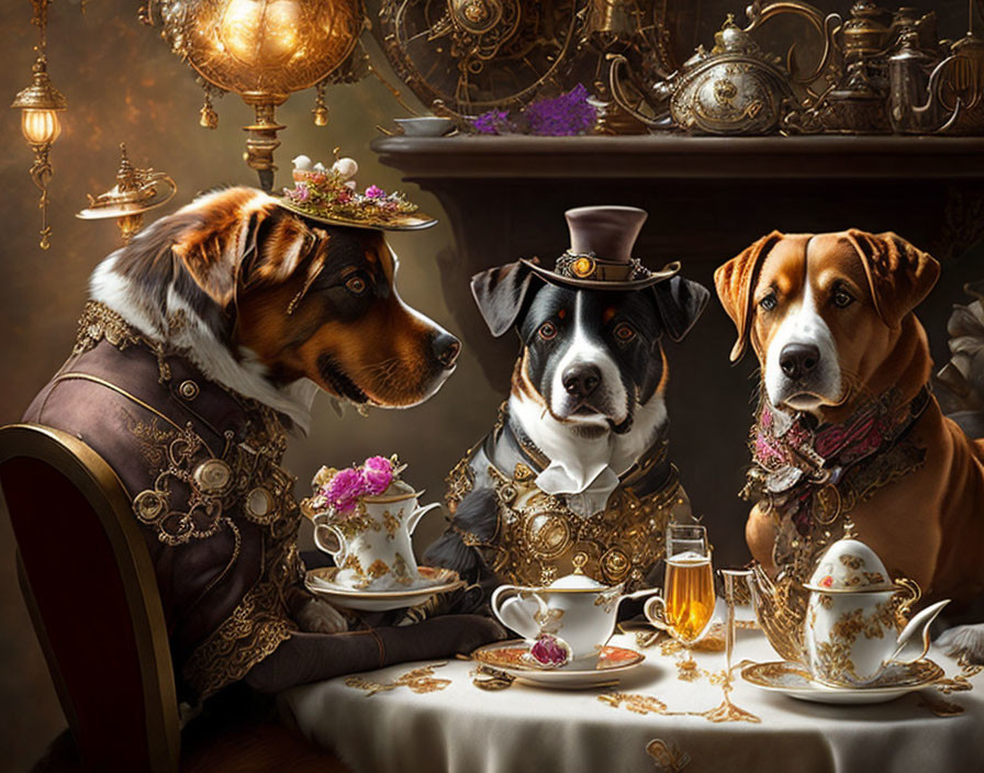 Three dogs in Victorian attire at ornate tea party table