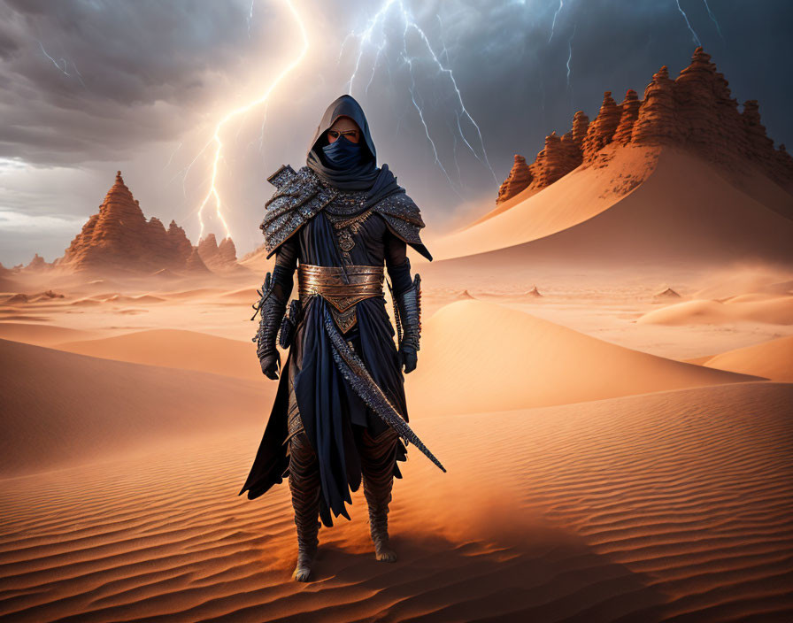 Person in ornate dark robes in desert under dramatic sky with lightning