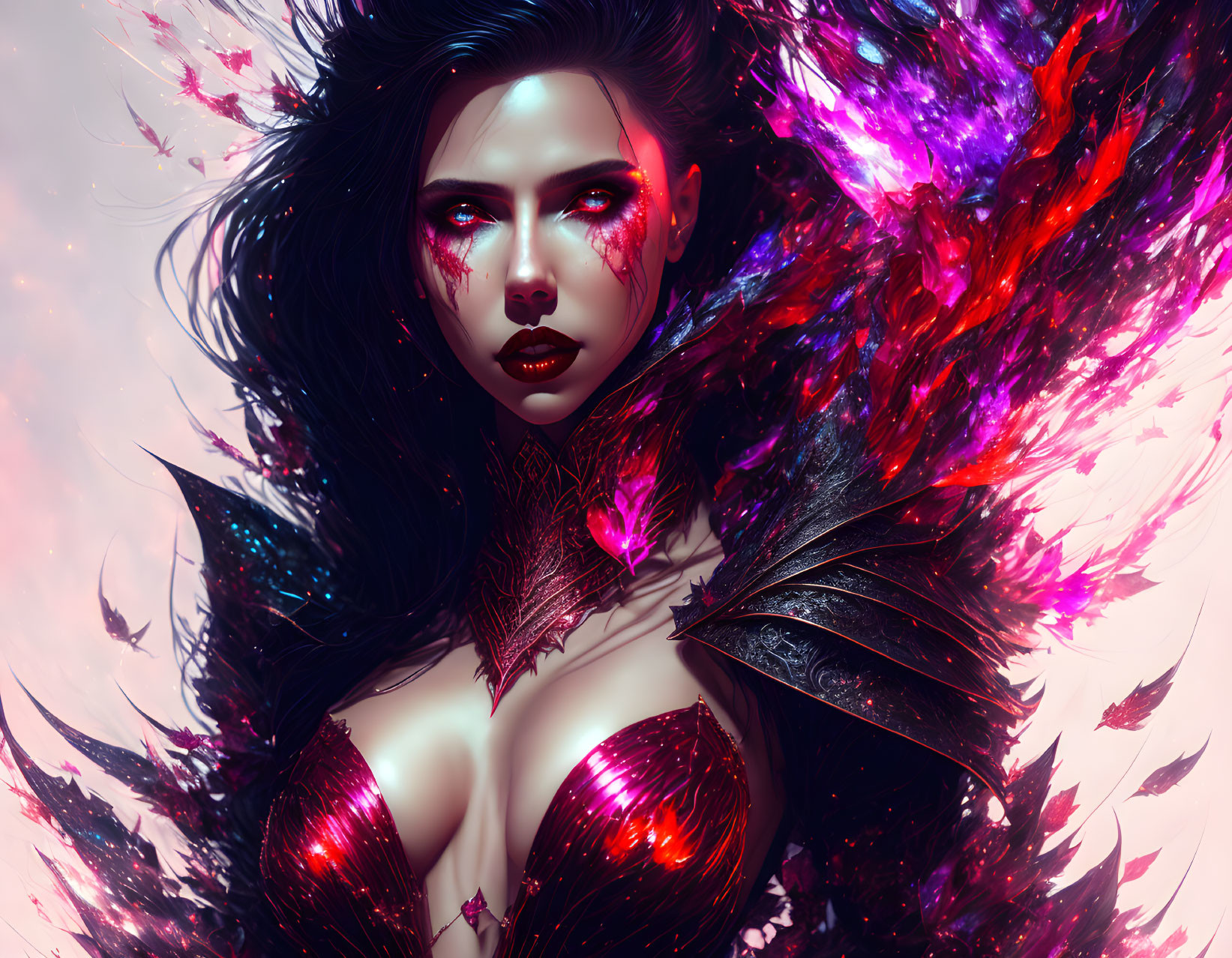 Digital artwork featuring a woman with flowing black hair and vibrant red and purple accents