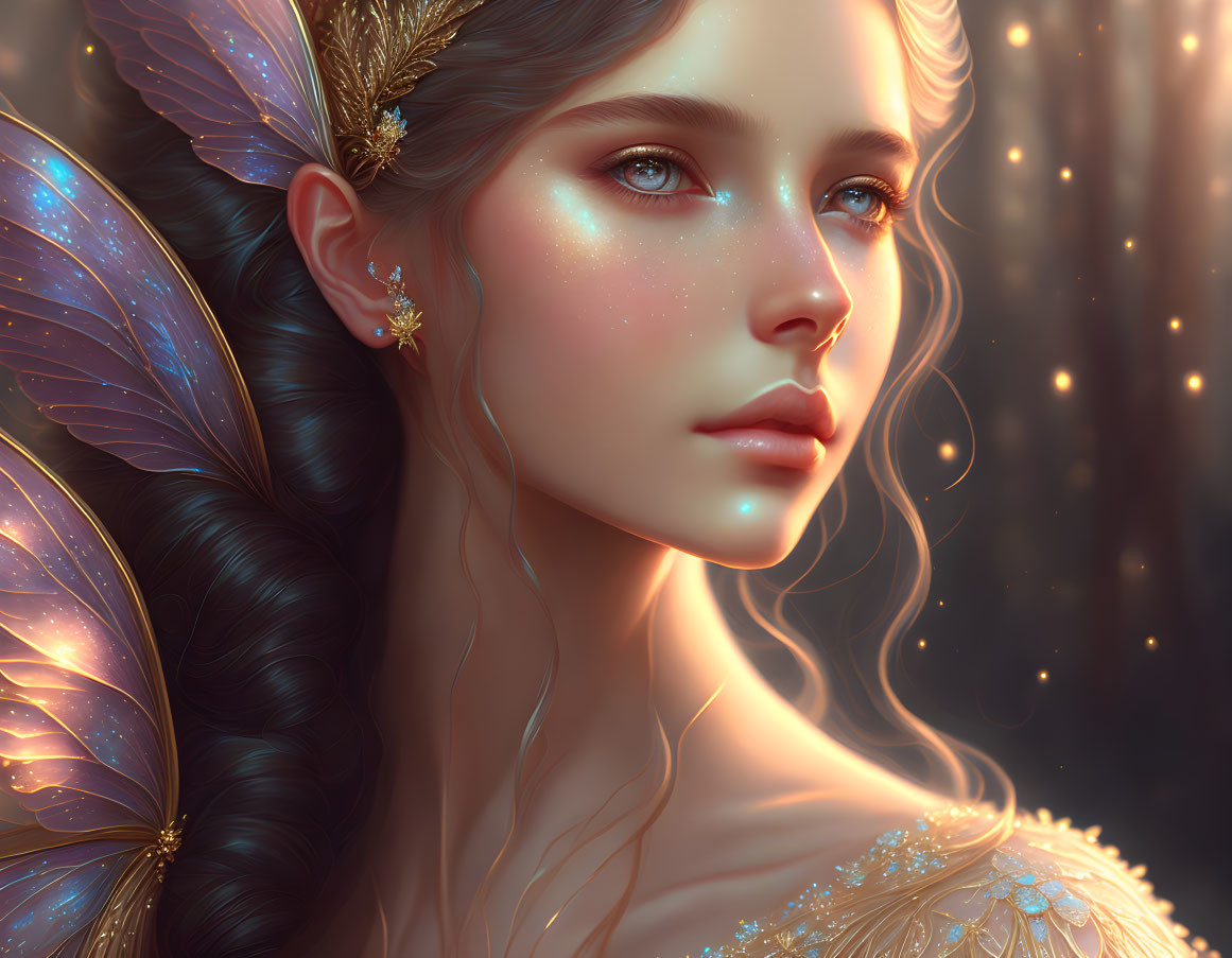 Fantasy digital portrait of a woman with butterfly wings and sparkling skin